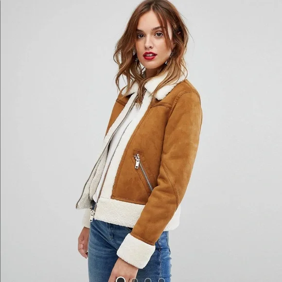 Warehouse Tan Suede Faux Shearling Jacket with Cream Trim - Picture 1 of 10
